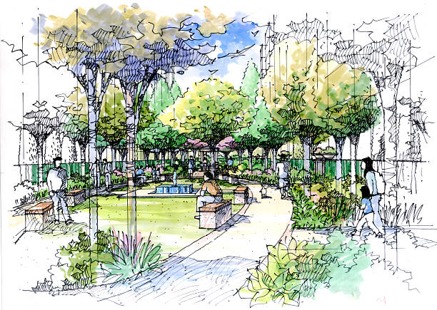 "Landscape garden showing the foot path, lawn area, benches, water feature and pavilion on background. This sketch created, drawn in pen and marker by the photographer."